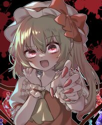 1girl absurdres ascot blonde_hair blood blood_splatter blush bow collared_shirt commentary_request crystal crystal_wings fang fingernails flandre_scarlet frilled_shirt_collar frilled_wrist_cuffs frills hat hat_bow hayu_(hayu_e) highres looking_at_viewer mob_cap multicolored_wings one_side_up open_mouth red_bow red_eyes red_nails red_vest red_wrist_cuffs sharp_fingernails shirt skin_fang smile solo touhou upper_body vest white_hat white_shirt wings wrist_cuffs yellow_ascot 