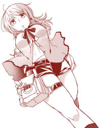 1girl aglio belt belt_buckle black_belt breasts buckle clothes_lift commentary_request dutch_angle fatal_frame fatal_frame:_maiden_of_black_water foot_out_of_frame from_below greyscale kneehighs kozukata_yuuri leg_up long_hair looking_at_viewer looking_down medium_breasts midriff_peek monochrome parted_lips partially_unbuttoned pouch ribbon shirt_lift shorts socks standing standing_on_one_leg thigh_belt thigh_pouch thigh_strap 