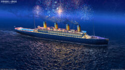  3d aerial_fireworks arsenixc bilingual_commentary blue_sky commentary copyright_logo copyright_notice cruise_ship dated_commentary english_commentary fireworks highres logo mixed-language_commentary nikki_(series) no_humans ocean official_art realistic reflection ripples scenery shining_nikki sky smoke star_(sky) starry_sky vehicle_focus water 