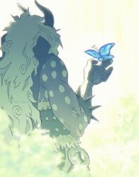  1boy back blue_butterfly body_markings bracelet bug butterfly butterfly_on_hand commentary highres horns jewelry long_hair nerona_imu one_piece slug2thecore spiked_bracelet spikes white_hair 