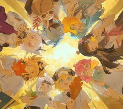  2girls 5708883835 6+boys :q ;q absurdres ahoge aotu_world aqua_eyes black_gloves black_hat black_headband black_horns black_sailor_collar blonde_hair blue_neckerchief blue_trim brown_hair camera character_request chinese_commentary closed_mouth collared_shirt commentary_request dog double-parted_bangs elbow_gloves facial_mark food-themed_hair_ornament from_below ginkgo_leaf gloves godrose_(aotu_world) green_eyes grey_(aotu_world) hair_between_eyes hair_ornament hair_over_one_eye hat headband highres holding holding_camera holding_leaf holding_mushroom horns jacket kaili_(aotu_world) king_(aotu_world) leaf lemon_(aotu_world) lemon_hair_ornament long_hair mask mouth_mask multicolored_hair multiple_boys multiple_girls mushroom neckerchief ninler_(aotu_world) one_eye_closed open_clothes open_jacket open_mouth outdoors phantom.s pink_eyes pink_hair pink_neckerchief pink_trim purple_shirt sailor_collar sailor_shirt school_uniform serafuku shirt short_hair short_leggings smile spiky_hair star_(symbol) star_facial_mark tareme tongue tongue_out triangle triangle_facial_mark white_hair white_jacket white_shirt wing_collar wristband yellow_eyes 
