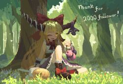  02charaice20 1girl absurdres ball_and_chain_restraint blonde_hair boots bow bowtie brown_boots brown_horns commentary_request day english_commentary english_text fang footwear_bow forest gourd grass hair_bow highres horn_ornament horn_ribbon horns ibuki_suika long_hair looking_at_viewer milestone_celebration nature on_ground one_eye_closed oni open_mouth outdoors purple_skirt red_bow red_bowtie ribbon shadow sitting skin_fang skirt smile solo touhou tree under_tree very_long_hair yellow_eyes 