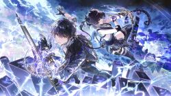  1boy 1girl bare_shoulders black_boots black_bow black_dress black_gloves black_hair black_jacket black_pants black_thighhighs boots bow breasts commentary_request debris dress dual_persona dynamic_pose electricity energy_beam female_rover_(wuthering_waves) fingerless_gloves gloves hair_bow hair_ribbon highres holding holding_weapon jacket long_hair male_rover_(wuthering_waves) medium_breasts midair pants parted_lips ribbon rover_(wuthering_waves) sleeveless sleeveless_dress tacet_mark_(wuthering_waves) thigh-highs thigh_boots thighhighs_under_boots weapon wuthering_waves xiandao1213 yellow_eyes 