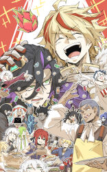  3others 6+boys 6+girls ahoge apron arm_up armor assassin_(fate/zero) bald black_armor black_choker black_eyes black_hair black_ribbon blonde_hair blush_stickers bottle braid brothers candy choker closed_eyes colored_inner_hair commentary_request covered_mouth crying dark-skinned_female dark-skinned_male dark_skin eating enkidu_(fate) fate/grand_order fate/strange_fake fate_(series) female_assassin_(fate/zero) flat_escardos food fork francesca_prelati_(fate) francois_prelati_(fate) fur_trim gauntlets gilgamesh_(fate) green_hair hair_between_eyes hair_ribbon headpat heracles_(fate) heterochromia highres hippolyta_(fate) holding holding_fork hyoumetsu_juuji_senzen_antiokheia ishtar_(fate) jack_the_ripper_(fate/apocrypha) jack_the_ripper_(fate/strange_fake) jiao_(fate) john_lackland_(fate) kankan33333 long_hair looking_at_another looking_back mask mouth_mask multicolored_hair multiple_boys multiple_girls multiple_others muscular muscular_male no_name_assassin_(fate) official_alternate_costume one_eye_closed open_mouth pale_rider_(fate) penthesilea_(fate) ponytail purple_hair red_eyes red_hair ribbon richard_i_(fate) scar scar_across_eye scar_on_face scarf siblings sisters smile streaked_hair sweatdrop topless_male twin_braids two-tone_hair two_side_up white_hair white_scarf wine_bottle yellow_eyes 