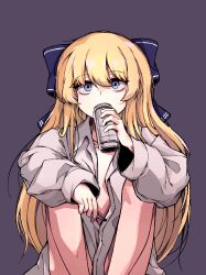  1girl absurdres artist_request bags_under_eyes beer_can blonde_hair blue_eyes bow can cigarette commission dress_shirt drink_can drinking hair_bow highres long_hair long_sleeves messy_hair non-web_source original purple_background shirt simple_background source_request very_long_hair yajwa 