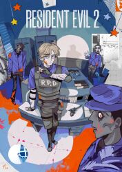  blonde_hair blood blood_on_face blue_shirt bulletproof_vest chest_holster commentary curtained_hair hat highres holster leon_s._kennedy male_focus police police_hat police_uniform resident_evil resident_evil_2 resident_evil_2_(remake) sannypm shirt shoulder_holster solo_focus title zombie 