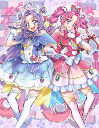  2girls :d ahoge akechi_anna aqua_trim back_bow bare_shoulders blue_bow blue_eyes blunt_bangs blunt_ends blush bow bowtie braid brick_wall brooch buttons capelet character_name clenched_hand closed_mouth commentary cure_answer cure_mystique cursive curtained_hair double-breasted double_bun dress earrings english_text feet_out_of_frame finger_gun fingerless_gloves fingernails glove_bow gloves gold_trim gradient_hair hair_bow hair_bun hair_flaps hair_intakes hair_ornament hair_ribbon hand_on_own_chin hand_on_own_hip hand_up heart heart_brooch highres impossible_hair index_finger_raised jewelry knee_up kobayashi_mikuru lips locked_arms long_hair looking_at_viewer magical_girl meitantei_precure! multicolored_hair multiple_girls open_mouth pact_holder parted_bangs pink_background pink_bow pink_bowtie pink_capelet pink_dress pink_hair pink_nails pleated_dress pouch precure purple_background purple_bow purple_bowtie purple_capelet purple_dress purple_hair purple_nails red_bow red_ribbon ribbon side-by-side sidelocks smile smirk sparkle standing takanashi_ringo thick_eyebrows thigh-highs twin_braids two-tone_background two-tone_hair very_long_hair violet_eyes white_gloves white_thighhighs wing_hair_ornament yellow_bow 