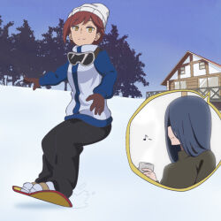  2girls black_pants blue_hair blue_jacket blue_sky cabin cassandra_ilion cup cut-in daphne_lauros dungeon_ni_deai_wo_motomeru_no_wa_machigatteiru_darou_ka goggles grey_sweater hat holding holding_cup jacket long_hair mosixya1147 multiple_girls musical_note pants red_hair shoes short_hair ski_gear ski_goggles sky snow snowboard snowboarding spoken_musical_note sweater tree turtleneck turtleneck_sweater white_hat white_shoes yellow_eyes 