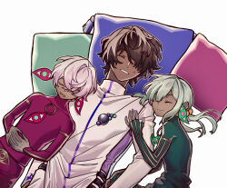 1girl 2boys 3boys ^_^ absurdres arjuna_(fate) boy_vajra_(fate) brother_and_sister brothers brown_hair closed_eyes closed_mouth commentary_request dark-skinned_male dark_skin fate/grand_order fate_(series) fingerless_gloves girl_vajra_(fate) gloves green_hair hair_between_eyes highres jacket long_hair long_sleeves lying male_focus multiple_boys on_back on_side open_mouth parted_lips pillow shima222nd shirt short_hair siblings simple_background sleeping smile sweatdrop twintails white_background white_hair white_jacket 