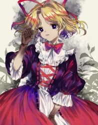  1girl alternate_costume ama_asagi black_shirt blonde_hair blue_eyes bow breasts commentary_request doll_joints frilled_shirt_collar frilled_sleeves frills gothic_lolita joints lolita_fashion medicine_melancholy medium_breasts puffy_short_sleeves puffy_sleeves red_bow red_ribbon red_skirt ribbon shirt short_hair short_sleeves skirt touhou 