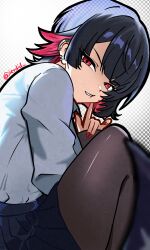  1girl absurdres artist_name black_hair colored_inner_hair ellen_joe ellen_joe_(on_campus) finger_to_face fins fish_tail highres ierdid large_tail looking_at_viewer multicolored_hair official_alternate_costume pantyhose red_eyes red_hair red_nails scar scar_on_tail shark_girl shark_tail shirt short_hair skirt tail white_shirt zenless_zone_zero 