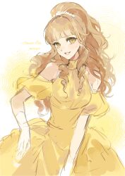 1girl bare_shoulders blonde_hair blunt_bangs breasts character_name chinese_commentary commentary_request cowboy_shot detached_sleeves dress earrings flower gloves grin hair_flower hair_intakes hair_ornament highres himeno_ran jewelry long_hair looking_at_viewer medium_breasts mole mole_on_cheek mole_on_shoulder mole_under_mouth multiple_moles ohsama_sentai_king-ohger pom_pom_(clothes) pom_pom_earrings ringlets smile solo super_sentai turtleneck turtleneck_dress wavy_hair white_background white_flower white_gloves wide_ponytail yellow_dress yellow_eyes yellow_sleeves yoru_(yorusumire) 
