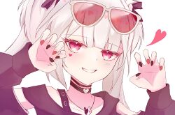  1girl arms_up black_choker blush choker commentary_request double-parted_bangs eyewear_on_head heart heart_in_eye highres honkai:_star_rail honkai_(series) jewelry long_sleeves looking_at_viewer multicolored_nails necklace official_alternate_costume official_alternate_hairstyle parted_lips paw_pose pink_eyes portrait sidelocks simple_background solo sparkle_(honkai:_star_rail) sparxie_(candy-coated_waves)_(honkai:_star_rail) sparxie_(honkai:_star_rail) sunglasses symbol_in_eye twintails two_side_up user_hfad3482 white_background 