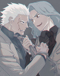  2boys absurdres anger_vein angry aopix_001 black_necktie black_shirt blue_eyes brown_eyes clenched_teeth clothes_grab collared_shirt cuffs dark_skin fate/grand_order fate_(series) formal_clothes grey_background grey_jacket handcuffs highres jacket long_hair looking_at_another male_focus multiple_boys nagakura_shinpachi_(chaldea_detectives)_(fate) nagakura_shinpachi_(fate) necktie necktie_grab neckwear_grab open_mouth saitou_hajime_(chaldea_detectives)_(fate) saitou_hajime_(fate) scar shirt short_hair simple_background smile suit teeth upper_body vest wavy_hair white_hair 