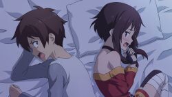  1boy 1girl bandaged_leg bandages bed_sheet belt black_choker black_gloves blush brown_belt brown_hair brown_thighhighs choker clenched_hand constricted_pupils dress fingerless_gloves game_asset gloves green_eyes grey_shirt hand_on_own_head highres kono_subarashii_sekai_ni_shukufuku_wo! kono_subarashii_sekai_ni_shukufuku_wo!_kono_yokubukai_game_ni_shinpan_o! long_sleeves looking_at_another lying megumin multicolored_skirt night non-web_source off-shoulder_dress off_shoulder official_art on_bed on_side open_mouth own_hands_together pillow raised_inner_eyebrows red_dress red_eyes satou_kazuma self-datamine shirt short_hair short_hair_with_long_locks single_thighhigh skirt sweat thigh-highs upper_body v-shaped_eyebrows white_shirt 
