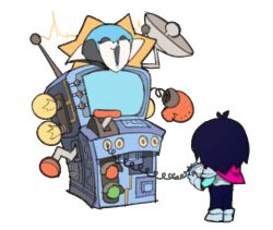  1girl 1other aqua_skin arcade_cabinet blue_hair colored_skin controller deltarune from_behind game_controller gloves highres holding holding_controller holding_game_controller kris_(dark_world)_(deltarune) kris_(deltarune) laughing lever light_bulb official_art pink_scarf queen_(deltarune) radio_antenna red_gloves satellite_dish scarf temmie_chang traffic_light utdr_(toby_fox) 