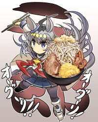  1girl ahoge animal_ears black_pantyhose blue_eyes blue_sailor_collar blue_skirt bowl brooch char_siu chopsticks ear_ornament food grey_hair grey_tail hair_between_eyes hairband highres hisahiko holding holding_bowl holding_chopsticks horse_ears horse_girl horse_tail jacket jewelry long_hair long_sleeves multicolored_hair neckerchief noodles oguri_cap_(starlight_beat)_(umamusume) oguri_cap_(umamusume) pantyhose pleated_skirt ramen red_neckerchief sailor_collar shirt skirt star_brooch tail umamusume white_jacket white_shirt 