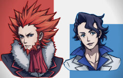  2boys ascot beard black_coat blue_background blue_eyes blue_shirt chinstrap_beard coat commentary complementary_colors dress_shirt facial_hair fur-trimmed_coat fur_trim hair_slicked_back high_contrast htpmf018 lab_coat long_sideburns lysandre_(pokemon) male_focus mature_male multiple_boys open_clothes open_coat pokemon pokemon_x_and_y popped_collar professor_sycamore profile red_ascot red_background red_hair red_trim shirt sideburns spiky_hair swept_bangs turning_head two-tone_background wavy_hair white_background white_coat 