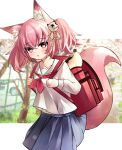  1girl :o animal_ear_fluff animal_ears arknights bag blush cowboy_shot fox_ears fox_girl fox_tail hair_ornament hair_ribbon heart heart-shaped_pupils highres long_hair long_sleeves looking_at_viewer neckerchief parted_lips pleated_skirt red_bag red_eyes red_neckerchief ribbon school_bag school_uniform seijiikeuchi serafuku shamare_(arknights) shirt skirt skull_hair_ornament solo symbol-shaped_pupils tail twintails white_shirt yellow_ribbon 