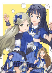 5girls :t ? absurdres black_hair blue_bow blue_eyes blue_hair blue_jacket blue_ribbon blue_skirt blue_wrist_cuffs border bow brown_hair closed_mouth commentary_request curtained_hair frilled_wrist_cuffs frills hair_bow handa_roco highres hug idolmaster idolmaster_(classic) idolmaster_million_live! idolmaster_million_live!_theater_days jacket kisaragi_chihaya long_hair miniskirt mogami_shizuka multiple_girls neck_ribbon nikaido_chizuru noborinosato official_alternate_costume open_mouth outside_border pleated_skirt ponytail puffy_short_sleeves puffy_sleeves ribbon shijou_takane short_sleeves skirt spoken_question_mark standing white_border white_hair wrist_cuffs yellow_background yellow_eyes 