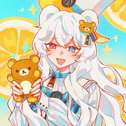  1girl :d animal_ears arknights blue_bow blue_eyes blush bow commentary crossed_bangs diagonal-striped_bow fingernails food fruit hair_ornament hakochi01 heterochromia highres holding holding_stuffed_toy lemon lemon_slice long_hair long_sleeves nail_polish official_alternate_costume open_mouth red_eyes rilakkuma rilakkuma_(series) rosa_(arknights) rosa_(forever_together)_(arknights) russian_text san-x shirt smile solo sparkle striped_bow stuffed_animal stuffed_toy teddy_bear upper_body white_hair white_shirt yellow_nails 