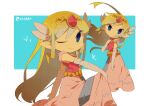  1girl artist_name belt blonde_hair blue_eyes blush dress floating_hair gloves jewelry long_hair multicolored_hair multiple_persona necklace one_eye_closed parted_lips pink_dress princess_zelda the_legend_of_zelda the_legend_of_zelda:_spirit_tracks the_legend_of_zelda:_the_wind_waker tiara tokuura 