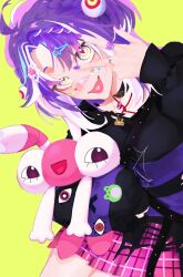  1girl bandaid bandaid_on_face bandaid_on_nose black_collar black_shirt bone_hair_ornament collar decora eyeball_hair_ornament hair_ornament highres jared_(michi_mochievee) jewelry looking_at_viewer michi_mochievee michi_mochievee_(teen) multicolored_hair necklace ori6116 patchwork_skin pink_skirt purple_hair purple_shirt red_pupils ringed_eyes shirt skirt solo stitched_face stitches streaked_hair striped_clothes striped_shirt tongue tongue_out v v_over_eye virtual_youtuber vshojo white_hair yellow_background yellow_eyes 