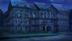  abandoned absurdres artist_request balcony clouds door game_asset highres mansion moss night no_humans outdoors overgrown scenery sky stairs star_(sky) starry_sky third-party_source touhou touhou_spell_carnival tree window 