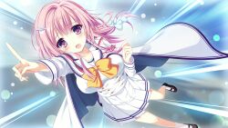  1girl black_shoes bow bowtie buttons cape collarbone da_capo da_capo_iv double-breasted emphasis_lines game_asset hair_bow hair_ornament hands_up highres kisaragi_yuu_(kisaragiyu) lapels long_hair long_sleeves mary_janes miniskirt mishima_miu non-web_source official_art open_mouth pink_hair pleated_skirt pointing pointing_at_viewer raised_inner_eyebrows sailor_collar school_uniform serafuku shirt shoes skirt sleeve_cuffs socks striped_clothes violet_eyes white_cape white_sailor_collar white_shirt white_skirt white_socks yellow_bow yellow_bowtie 
