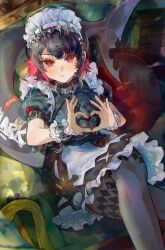  1girl black_hair black_pantyhose blush breasts closed_mouth colored_inner_hair commentary_request couch crossed_legs ellen_joe fins fish_tail four-finger_heart_hands hair_ornament hairband heart heart_hands highres htbjca3l indoors large_breasts large_tail looking_at_viewer maid maid_headdress metal_hairband mole mole_under_eye multicolored_hair on_couch pantyhose pout razor_blade_hair_ornament red_eyes red_hair shark_girl shark_tail short_hair sitting solo spiked_headband tail two-tone_hair zenless_zone_zero 