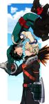  2boys artist_name bakugou_katsuki bangs belt black_bodysuit blonde_hair blue_sky bodysuit boku_no_hero_academia clothes_grab clouds explosive eye_contact face-to-face floating freckles from_side gloves green_bodysuit green_eyes green_gloves green_hair grenade hands_on_another&#039;s_head headgear high_collar highres holding hood hood_grab looking_at_another male_focus meteorabbit_(shion69) midair midoriya_izuku multiple_boys muscular muscular_male neck_brace official_alternate_costume open_mouth orange_gloves outside_border profile red_eyes short_hair sky smile spiky_hair teeth two-tone_gloves upper_teeth upside-down utility_belt 