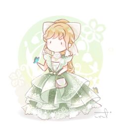  1girl bag bare_arms bead_necklace beads black_eyes blonde_hair blue_butterfly blush_stickers bow bug butterfly butterfly_on_hand chibi chinese_commentary circle collar commentary_request detached_collar dress floral_background floral_print gown green_background green_bow green_dress grey_bag hair_bow handbag high_collar high_ponytail holding holding_bag interruption_(echo-023) jewelry journey_of_memory_(shining_nikki) large_bow light_particles long_dress long_hair looking_ahead necklace nikki_(series) no_mouth ponytail print_dress shadow shining_nikki signature sleeveless sleeveless_dress solid_oval_eyes solo standing two-tone_background very_long_hair waist_bow wavy_hair white_background white_bow white_collar 