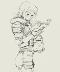  1girl arm_armor armor blush book breastplate cowboy_shot dolphin_shorts ear_piercing helmet highres holding holding_book holding_unworn_helmet original partially_colored piercing reading short_shorts shorts shoulder_armor simz solo unworn_headwear unworn_helmet 