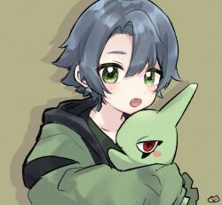  1girl :o blush commentary fang green_background green_eyes green_hoodie grey_hair hair_between_eyes holding holding_pokemon hood hood_down hoodie larvitar long_sleeves looking_at_viewer necoyu_(yuyudomino) open_mouth pokemon pokemon_(creature) short_hair simple_background sleeves_past_wrists upper_body 