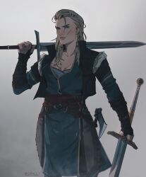  1girl absurdres assassin's_creed:_valhalla assassin's_creed_(series) black_gloves black_jacket blonde_hair blue_eyes chest_tattoo commentary cropped_jacket dual_wielding eivor_varinsdottir english_commentary fingerless_gloves gloves grey_background highres holding holding_sword holding_weapon jacket looking_at_viewer m0rket open_clothes open_jacket scar scar_on_cheek scar_on_face solo sword tattoo vegvisir weapon 