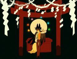  1boy aislan animalization aqua_flower arm_up black_background black_jacket blue_flower box brown_pants brown_shoes closed_eyes commentary deltarune face_in_shadow flower flowery_(deltarune) fox_tail green_flower green_vest hand_in_pocket jacket jacket_on_shoulders moon orange_vest pants purple_flower red_flower rope shimenawa shoes simple_background solo tail torii two-tone_vest untranslatable_commentary utdr_(toby_fox) vest yellow_flower yellow_fur 
