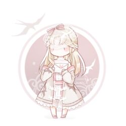  1girl animal_print bare_shoulders bird_print blonde_hair bow bow_button chibi chinese_commentary circle coat commentary_request dress envelope fishnet_veil frilled_socks frills grey_coat hair_bow holding holding_envelope interruption_(echo-023) lace-trimmed_coat lace_trim light_particles long_hair long_sleeves medium_dress nikki_(series) official_alternate_color pink_bow pink_sash pink_shoes print_coat puffy_long_sleeves puffy_sleeves sash shadow shining_nikki shoes sidelocks simple_bird single_stripe sleeveless sleeveless_dress sleeves_past_wrists socks solo standing striped_bow turtleneck turtleneck_dress veil waist_sash waves wavy_hair whisper_of_petrels_(shining_nikki) white_background white_bow white_dress white_socks white_veil 