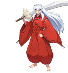  1boy animal_ears barefoot bead_necklace beads dog_boy dog_ears fingernails full_body hakama holding holding_sword holding_weapon inuyasha inuyasha_(character) japanese_clothes jewelry kimono long_hair male_focus necklace official_art onmyoji red_hakama red_kimono sharp_fingernails solo sword tessaiga tooth_necklace transparent_background weapon white_hair wide_sleeves yellow_eyes 