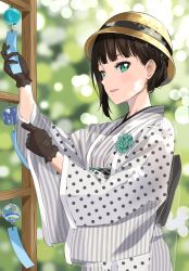  1girl alternate_costume alternate_hair_length_(shorter) aqua_eyes back_bow black_gloves black_hair black_sash blunt_bangs blurry bokeh bow caustics cloche_hat commentary_request cowboy_shot depth_of_field furisode gloves gorilla-shi grey_kimono hat highres japanese_clothes kimono kurosawa_dia lace lace_gloves looking_at_viewer love_live! love_live!_sunshine!! mole mole_under_mouth obi open_mouth outdoors polka_dot polka_dot_kimono sash short_hair smile solo striped_clothes striped_kimono vertical-striped_clothes vertical-striped_kimono white_kimono wide_sleeves wind_chime wispy_bangs yellow_hat 