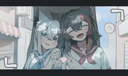  2girls alternate_costume animal_ears black_hair blue_eyes breasts camera_pov closed_eyes commentary fang fox_ears fox_girl highres hololive mean_0603 multiple_girls ookami_mio outdoors red_hair sailor_collar shirakami_fubuki small_breasts untranslatable_commentary upper_body white_hair white_sailor_collar wolf_ears wolf_girl 