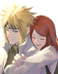  1boy 1girl blonde_hair blush commentary_request couple forehead_protector highres hokage hug hug_from_behind husband_and_wife konohagakure_shinobi_uniform konohagakure_symbol long_hair namikaze_minato naruto_(series) naruto_shippuuden oishiiudon1240 red_hair smile spiky_hair uzumaki_kushina 