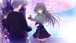  1boy 1girl belt black_belt black_eyes black_hair black_shirt black_skirt black_thighhighs blue_pants braid cherry_blossoms cupping_hand da_capo da_capo_v day facing_away floating_hair grey_sweater highres jewelry kisaragi_yuu_(kisaragiyu) long_hair long_sleeves miniskirt non-web_source official_art pants pendant river shirt short_hair side_braid skirt standing sweater thigh-highs three-quarter_sleeves tokisaka_yukina very_short_hair zettai_ryouiki 