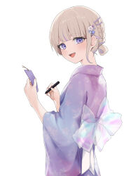  1girl :d absurdres alternate_costume blonde_hair commentary_request floral_print floral_print_kimono flower hair_flower hair_ornament hairclip highres holding holding_pen holding_tanzaku hololive hololive_dev_is japanese_clothes kimono looking_at_viewer multicolored_hair open_mouth parallel_hairclips pen print_kimono purple_hair purple_kimono shirakabamoga short_hair simple_background smile solo streaked_hair tanzaku todoroki_hajime violet_eyes white_background 