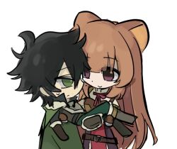  1boy 1girl animal_ears armor belt belted_jacket black_belt black_dress blunt_bangs boots breastplate breasts brown_armor brown_belt brown_boots brown_gloves brown_hair brown_jacket chibi chinese_commentary closed_mouth commentary_request couple dress elbow_gloves frown full_body fur-trimmed_armor fur-trimmed_jacket fur_trim gloves green_eyes green_pants hair_between_eyes iwatani_naofumi jacket knee_boots layered_dress leather leather_armor leather_jacket long_hair long_sleeves looking_at_another messy_hair metal_wrist_cuffs mian-ba neck_ribbon pants pauldrons pink_eyes raccoon_ears raccoon_girl raphtalia red_dress red_ribbon reverse_princess_carry ribbon short_hair shoulder_armor simple_background single_pauldron sketch sleeveless sleeveless_dress small_breasts smile straight_hair sweatdrop tanuki tassets tate_no_yuusha_no_nariagari two-tone_dress white_background white_dress 