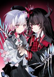  2girls absurdres armband beret black_capelet black_choker black_coat black_hair black_hat black_horns black_shirt capelet chinese_commentary choker closed_mouth coat collared_coat collared_shirt commentary_request commission crown extra_ears extra_eyes extra_horns fingernails flower flower-trimmed_sleeves gradient_hair hair_flower hair_ornament hand_up hat hat_flower hat_ribbon highres holding_hands horns interlocked_fingers long_fingernails long_hair long_sleeves mahou_shoujo_no_majo_saiban merc4ury0 mini_crown multicolored_hair multiple_girls neck_ribbon necktie nikaido_hiro pink_eyes pink_hair plaid_clothes plaid_necktie puffy_sleeves red_armband red_eyes red_flower red_necktie ribbon sakuraba_ema second-party_source sharp_fingernails shirt short_hair side_capelet signature skeletal_wings sleeveless sleeveless_coat smile spoilers unmoving_pattern white_flower white_hair white_ribbon white_shirt white_sleeves wings witch_(manosaba) x_hair_ornament yuri 