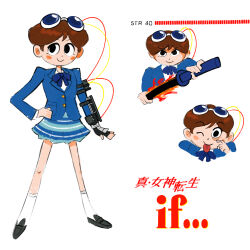  1girl :p ;p akanbe black_eyes black_shoes blazer blue-tinted_eyewear blue_bow blue_jacket blue_skirt blush_stickers bow brown_hair cable closed_mouth commentary comp_(megami_tensei) copyright_name dot_nose english_commentary eyelashes eyelid_pull fire flaming_sword flaming_weapon full_body goggles goggles_on_head grapetylenol hand_on_own_hip highres holding holding_sword holding_weapon jacket karukozaka_high_school_uniform legs_apart long_sleeves multiple_views one_eye_closed school_uniform sheath shin_megami_tensei shin_megami_tensei:_if... shoes short_hair skirt smile socks standing sword tinted_eyewear tongue tongue_out uchida_tamaki unsheathing very_short_hair weapon white_socks 