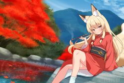  1girl animal_ear_fluff animal_ears ankle_socks blonde_hair blue_sky blush brown_eyes clouds commentary_request flat_chest foot_out_of_frame fox_ears fox_girl fox_tail hair_between_eyes highres holding holding_smoking_pipe japanese_clothes kimono knee_up leaf long_hair long_sleeves looking_at_viewer mountain obi original outdoors parted_lips pond red_kimono red_leaf rock rodo_(oekakisyakaijin) sash sidelocks sitting sky smoking_pipe socks solo tail thighs tree very_long_hair watermark white_socks wide_sleeves 