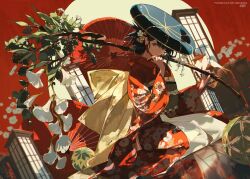  1girl absurdres black_hair branch commentary_request floral_print floral_print_kimono flower furisode hair_flower hair_ornament highres holding holding_branch japanese_clothes kimono looking_at_viewer mole mole_under_eye obi original print_kimono red_kimono sash seiza sitting solo wide_sleeves z3zz4 