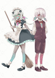 1boy 1girl :d alternate_costume apron arms_behind_back black_dress black_shoes bow bowtie boy_vajra_(fate) broom closed_mouth collared_shirt colored_extremities colored_skin colored_tongue commentary_request dark-skinned_female dark-skinned_male dark_skin dress enmaided fate/grand_order fate_(series) frilled_apron frills full_body fuyuse_yuzu girl_vajra_(fate) gloves green_eyes grey_hair highres holding holding_broom long_hair looking_at_viewer low_twintails maid maid_apron maid_headdress mary_janes open_mouth puffy_sleeves red_bow red_bowtie red_eyes shirt shoes short_hair short_sleeves shorts simple_background smile socks standing twintails vest white_apron white_background white_gloves white_hair white_shirt white_socks 