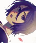  1girl artist_request black_hair bleach blue_eyes breasts hair_between_eyes highres japanese_clothes kuchiki_rukia looking_at_viewer open_mouth petals shinigami short_hair simple_background small_breasts solo violet_eyes white_background 